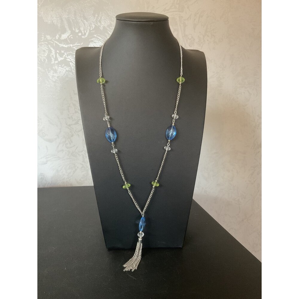 Long Silver Chain Necklace With Blue & Green Beads And Tassel Pendant 26"